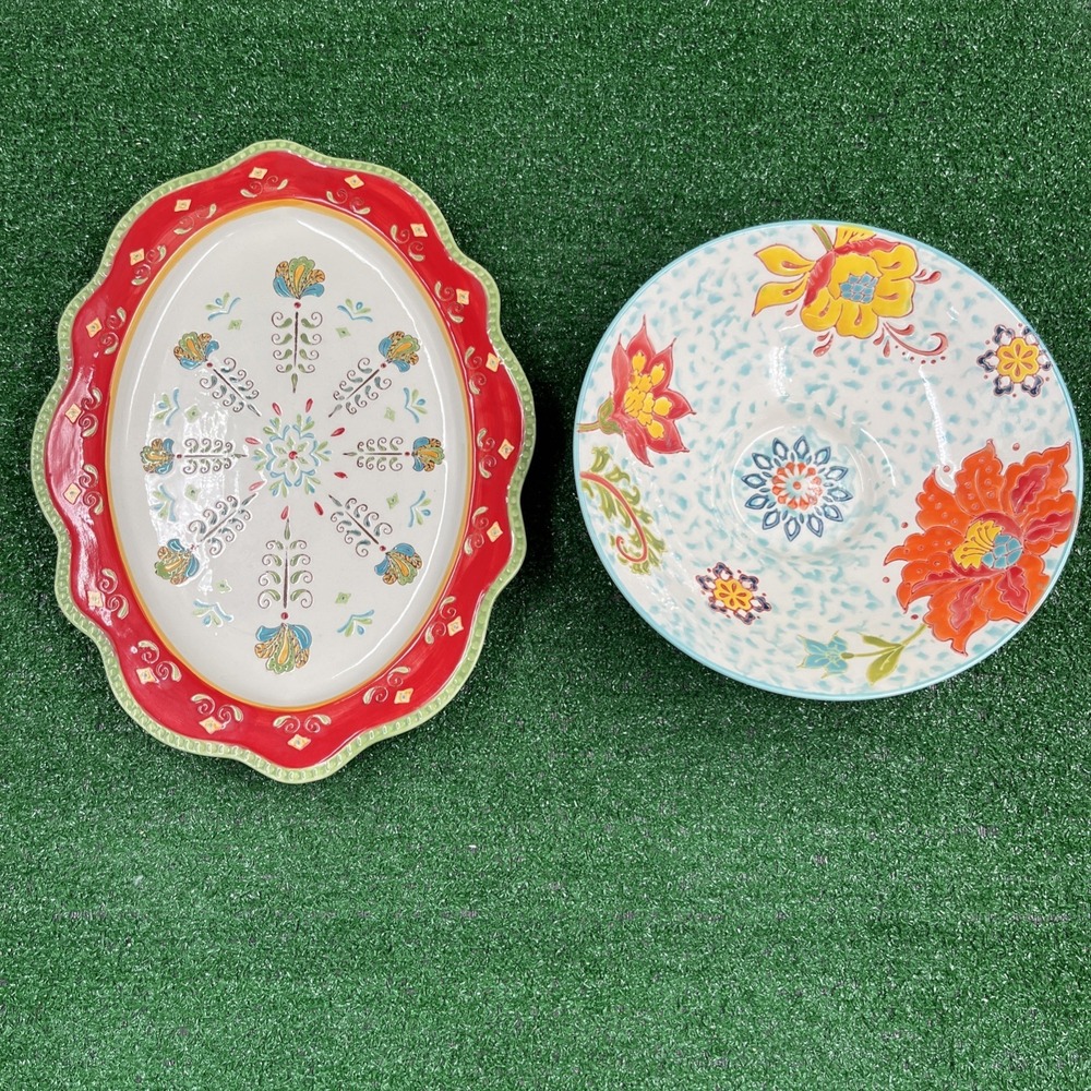 Dutch Wax Ceramic Hand Painted Serving Bowl & Plater Floral Design Multicolored